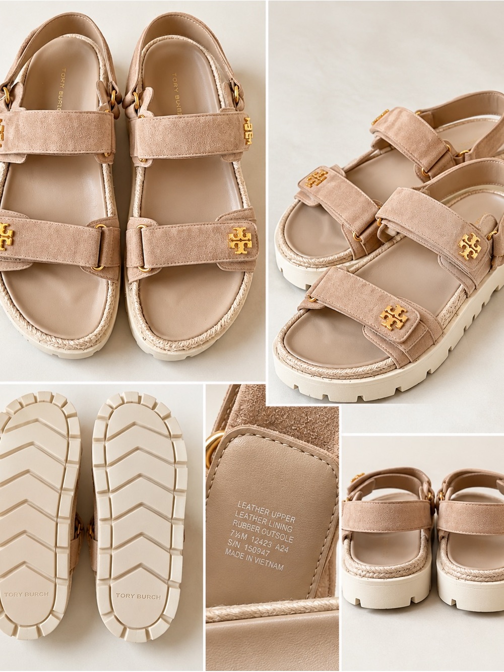 Tory Burch Kira Sport Sandals 7.5 Ceramic Taupe Suede Gold Logo
